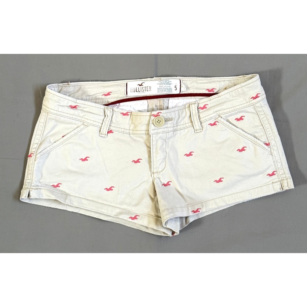 Y2K Hollister Khaki Tan Pink Seagull Embroidered Low Rise Chino Shorts Size 5